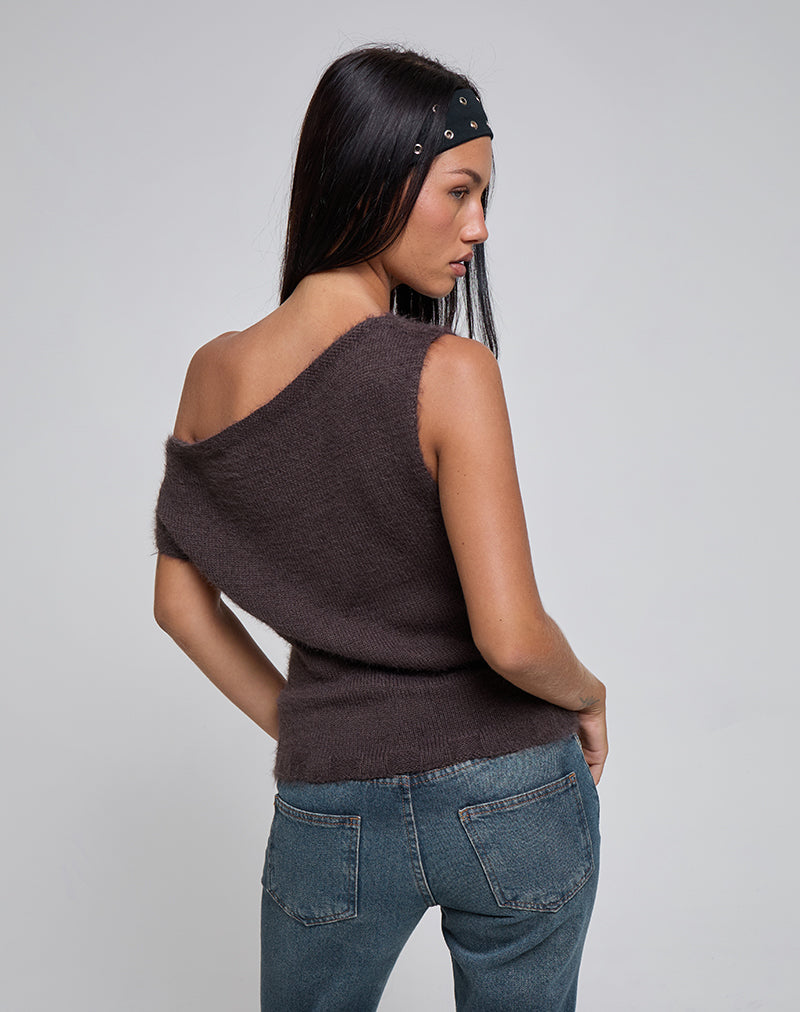 Calyce Off Shoulder Top in Fluffy Knit Dark Brown