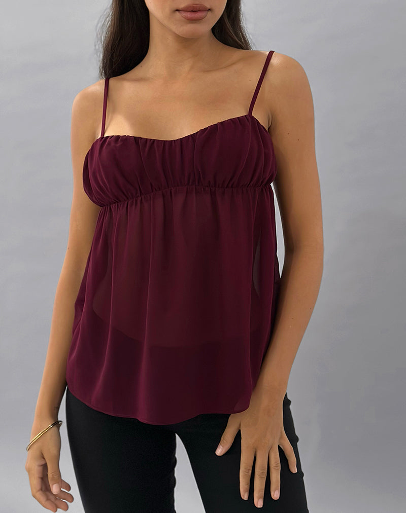 Camden Cami Top in Satin Chiffon Burgundy