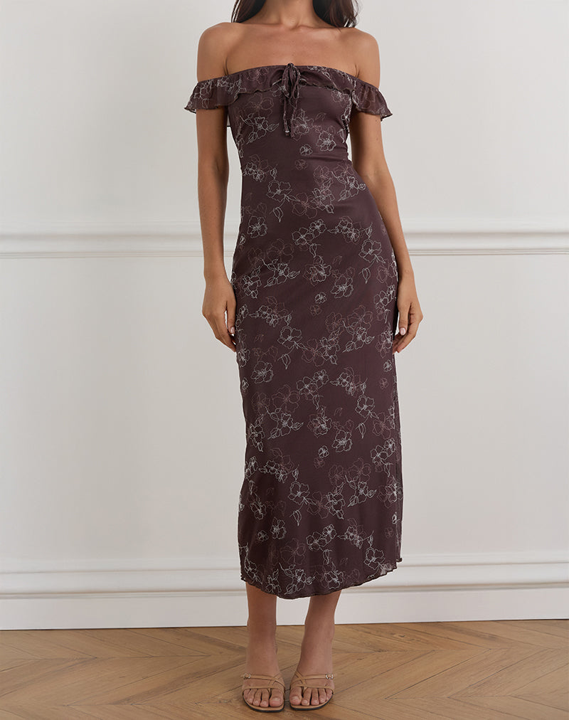 Catrin Midi Dress in Doodle Flower Flock Brown