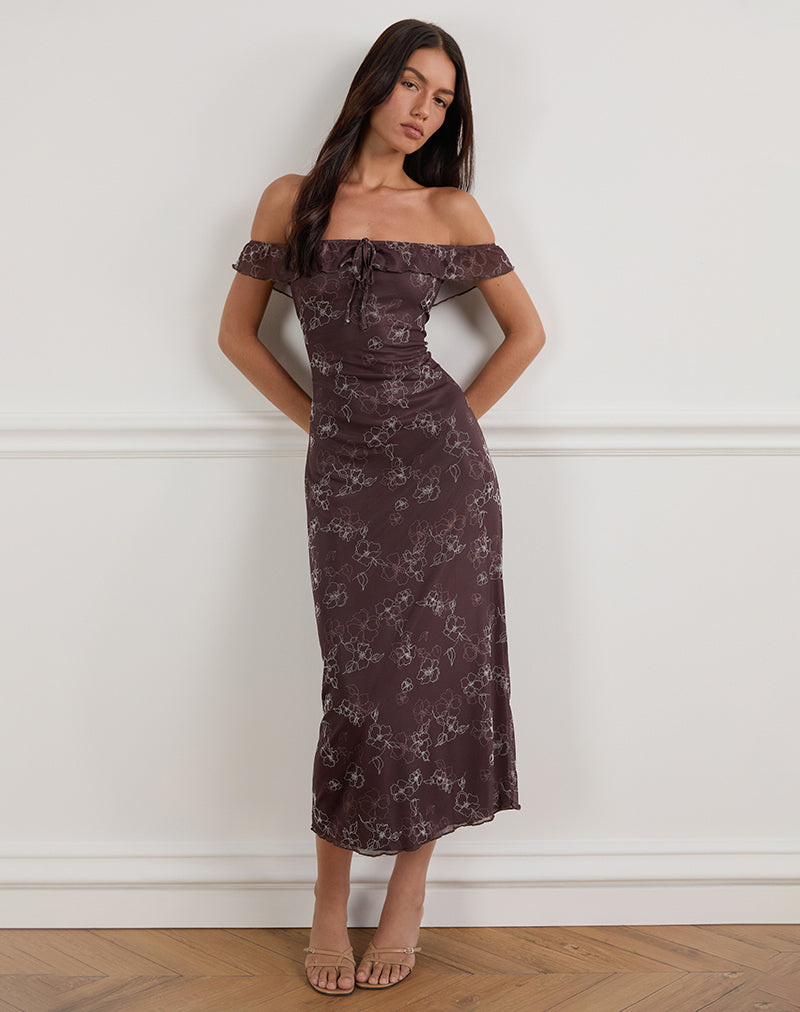 Catrin Midi Dress in Doodle Flower Flock Brown