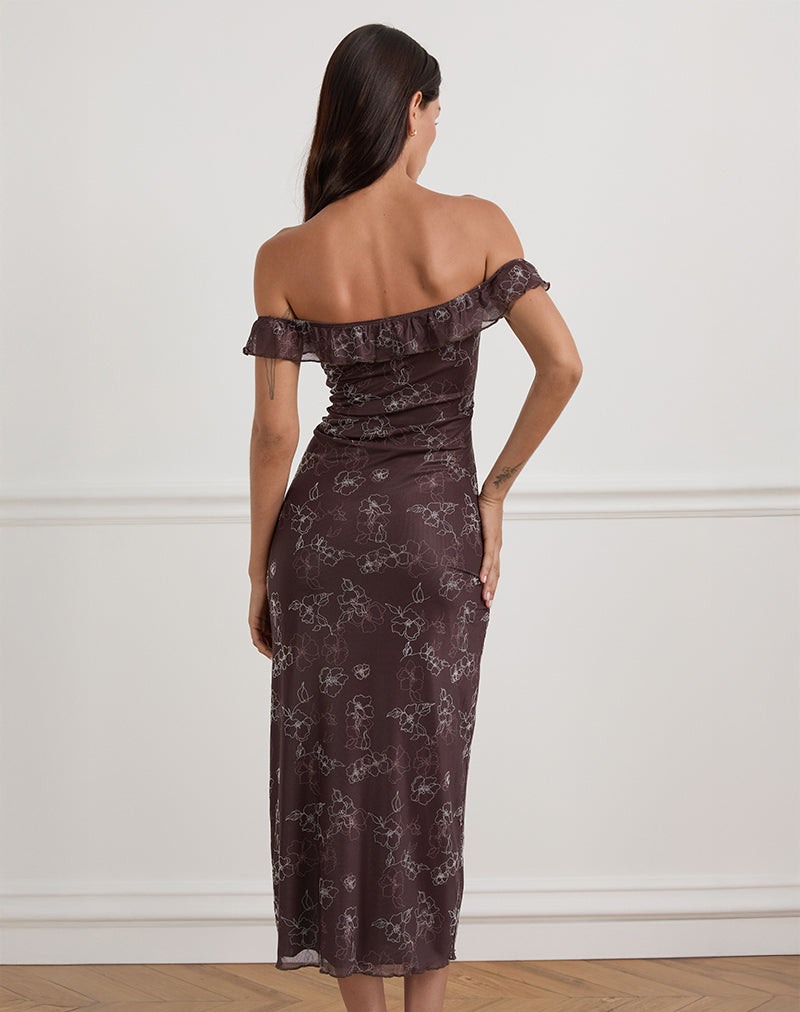Catrin Midi Dress in Doodle Flower Flock Brown