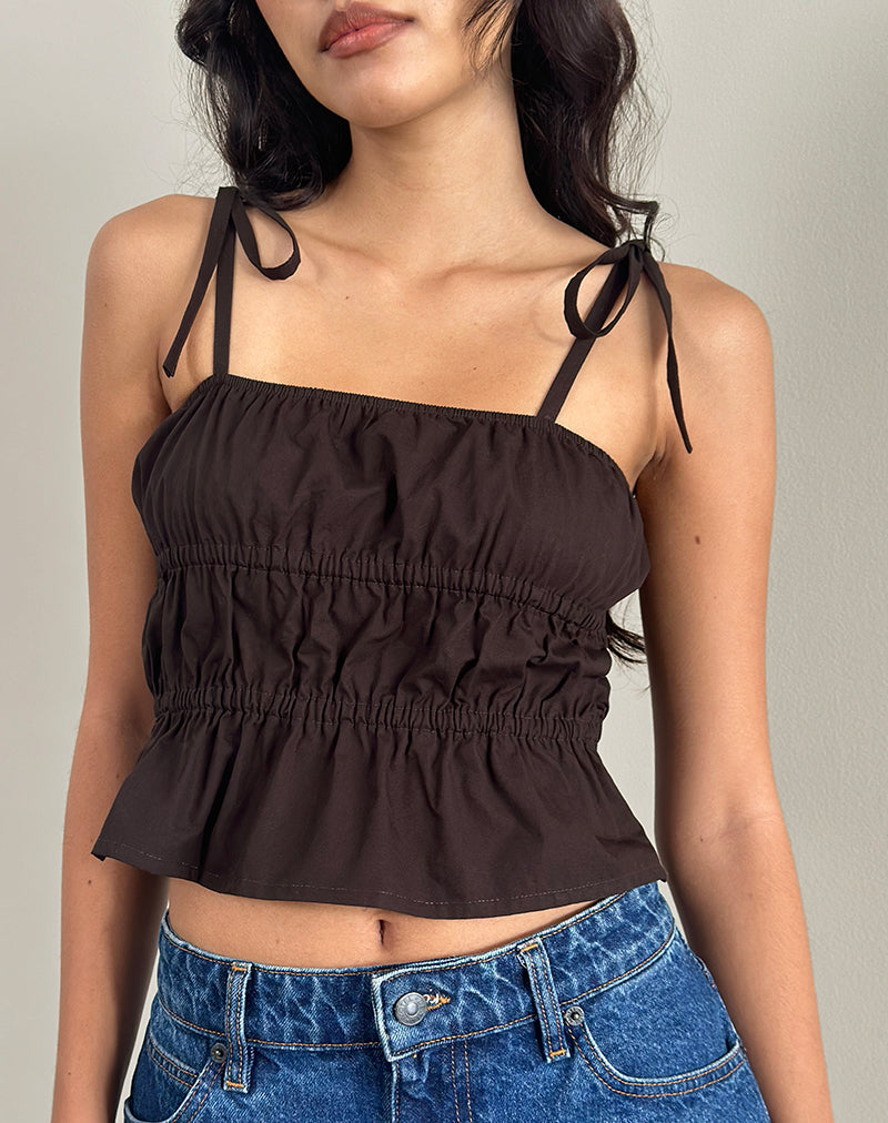 Chibi Ruched Tie Top in Bitter Chocolate