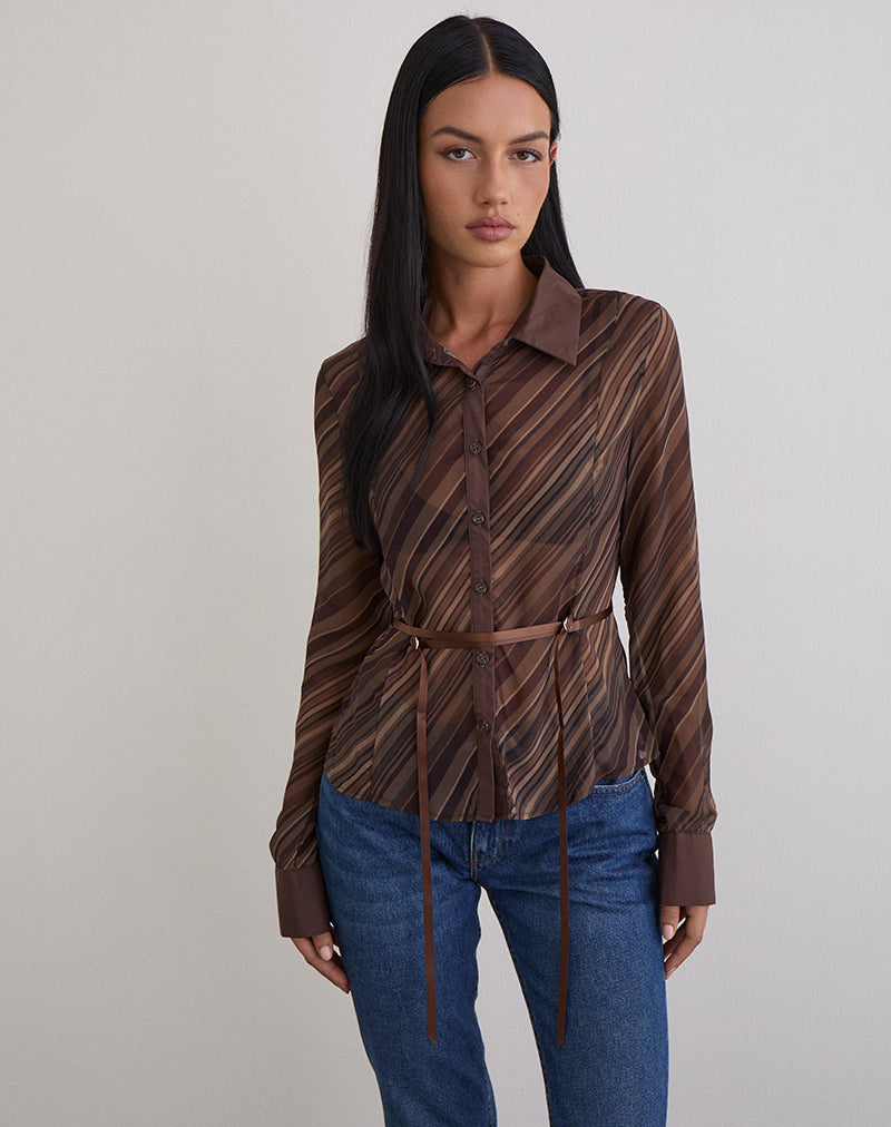 Christabel Shirt in Chiffon Mix Brown Stripe