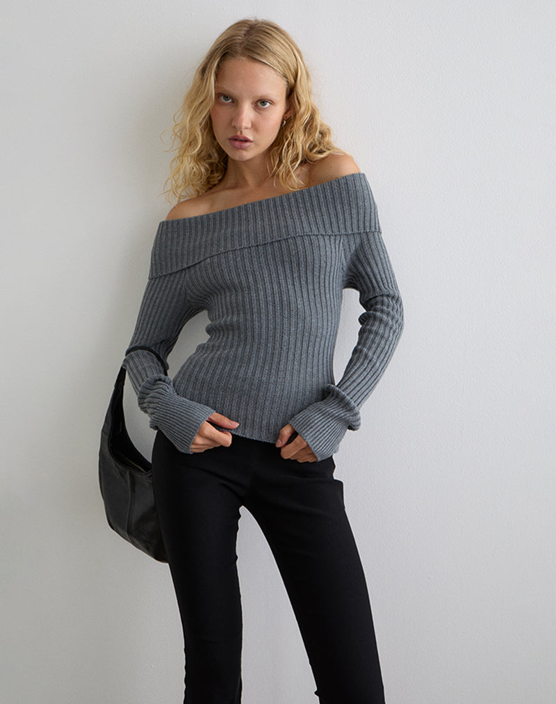 Circe Knitted Bardot Top in Grey