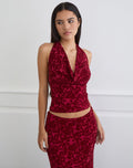 Clandy Cowl Top in Flocked Mesh Flower Cherry
