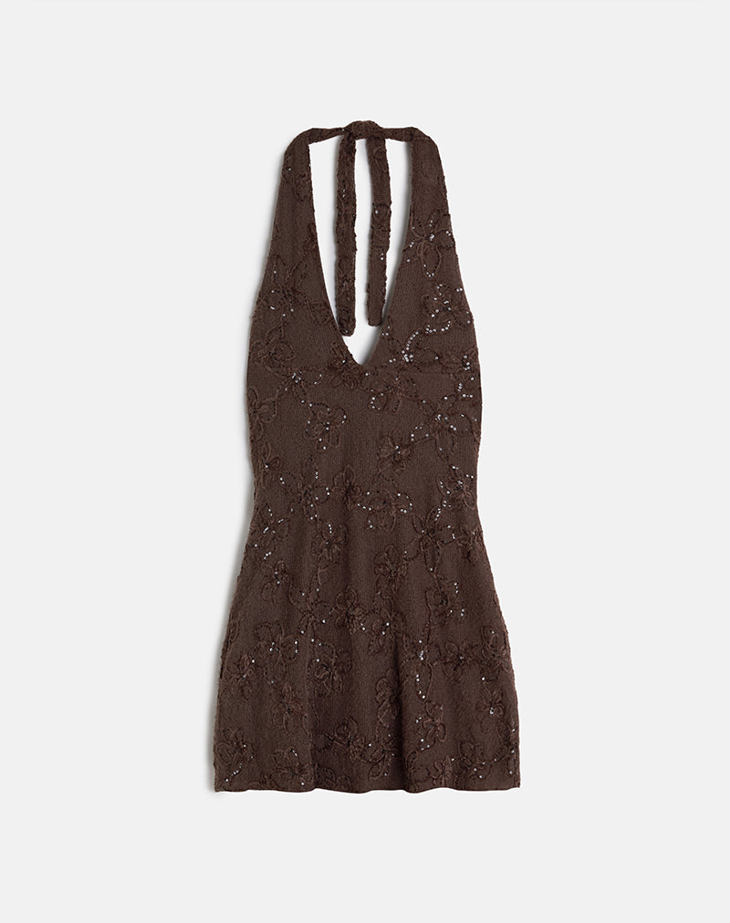 Codami Halterneck Mini Dress in Sequin Knit Dark Brown