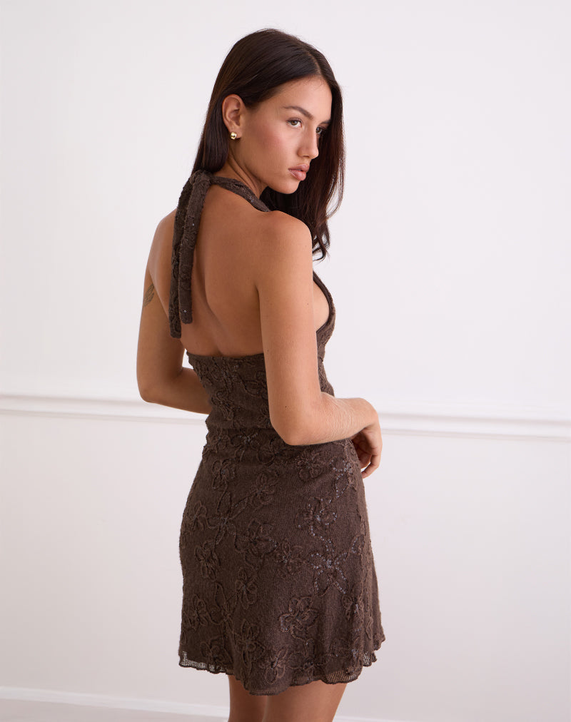 Codami Halterneck Mini Dress in Sequin Knit Dark Brown