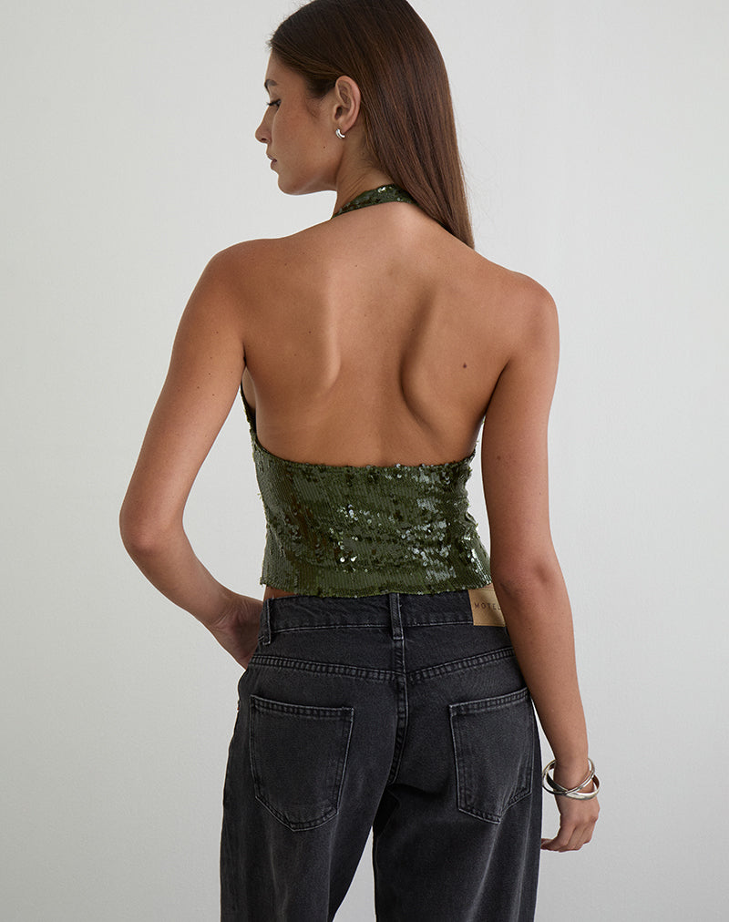 Cosio Halter Top in Mix Sequin Khaki