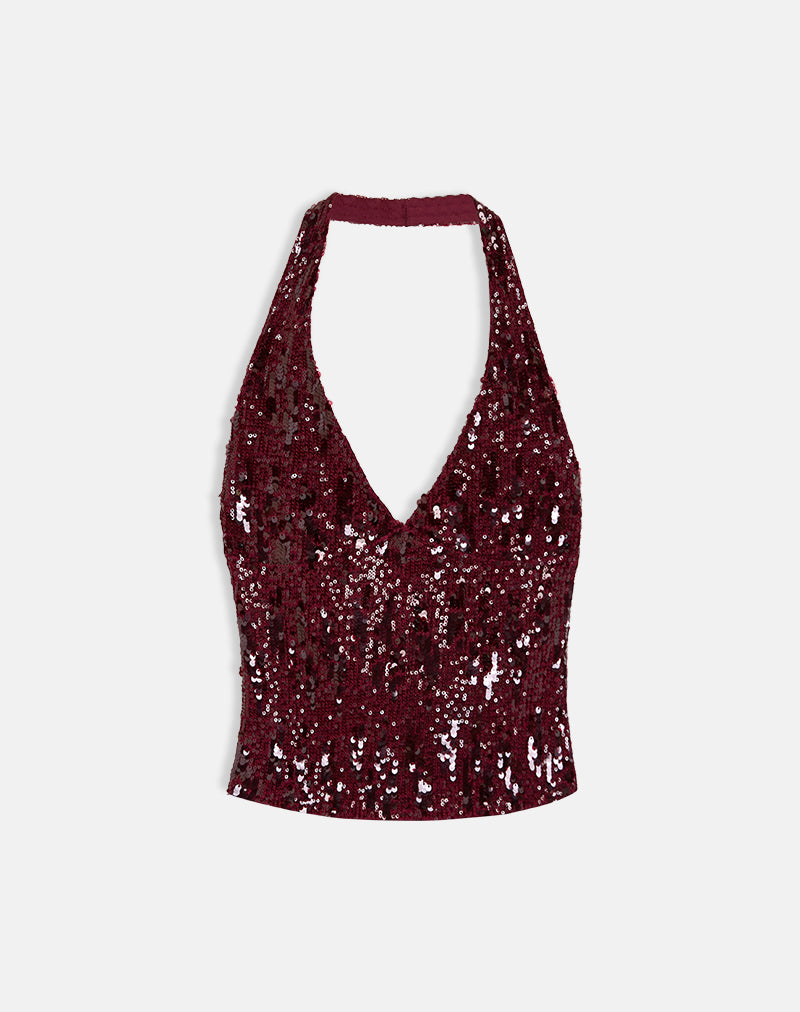 Cosio Halter Top in Mix Sequin Red
