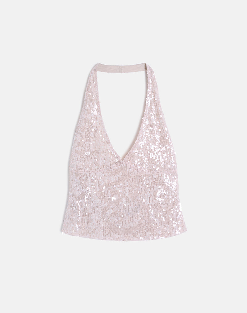 Cosio Halter Top in Sequin Baby Pink