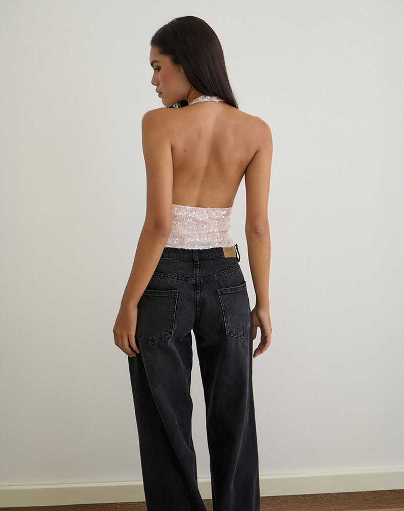 Cosio Halter Top in Sequin Baby Pink