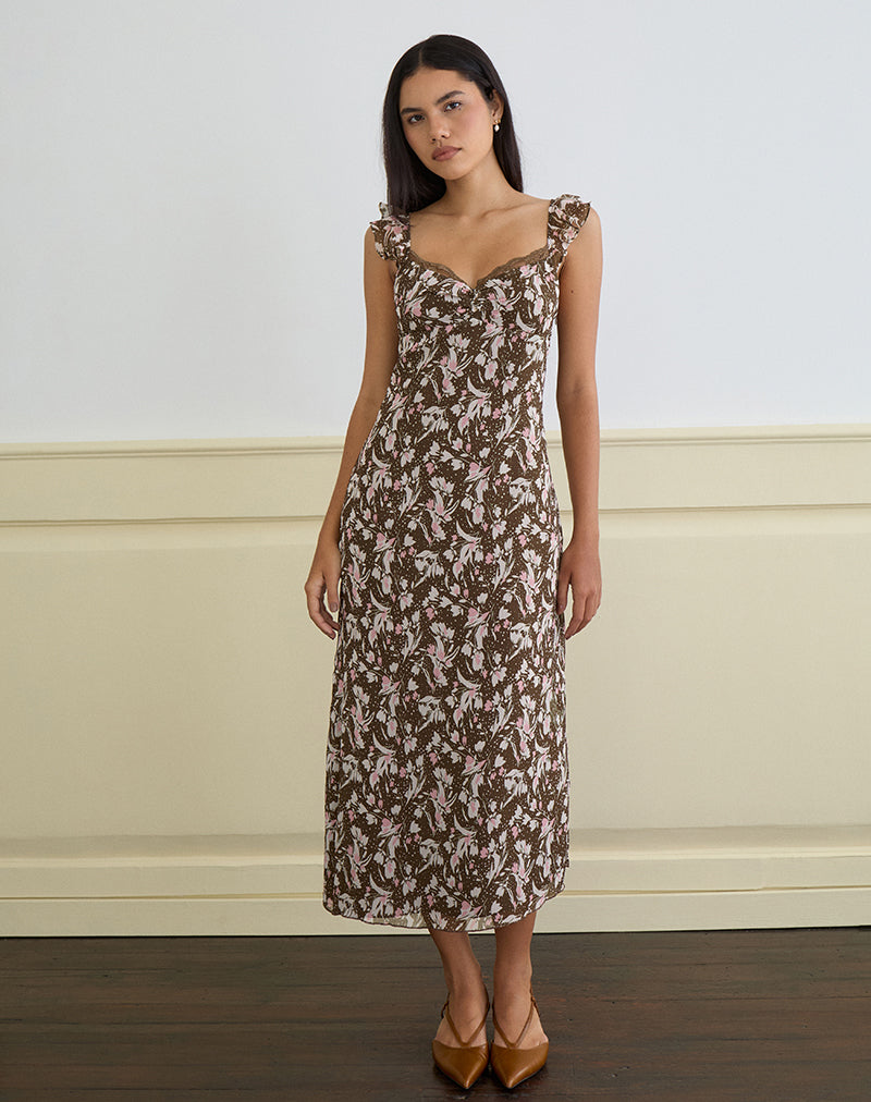 Daita Midi Dress in Chiffon Polka Flower Brown