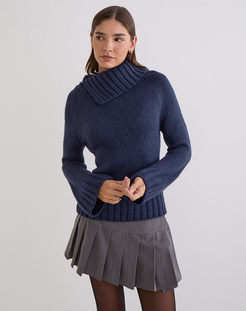 Dajah Fold Over Jumper in Knit Navy