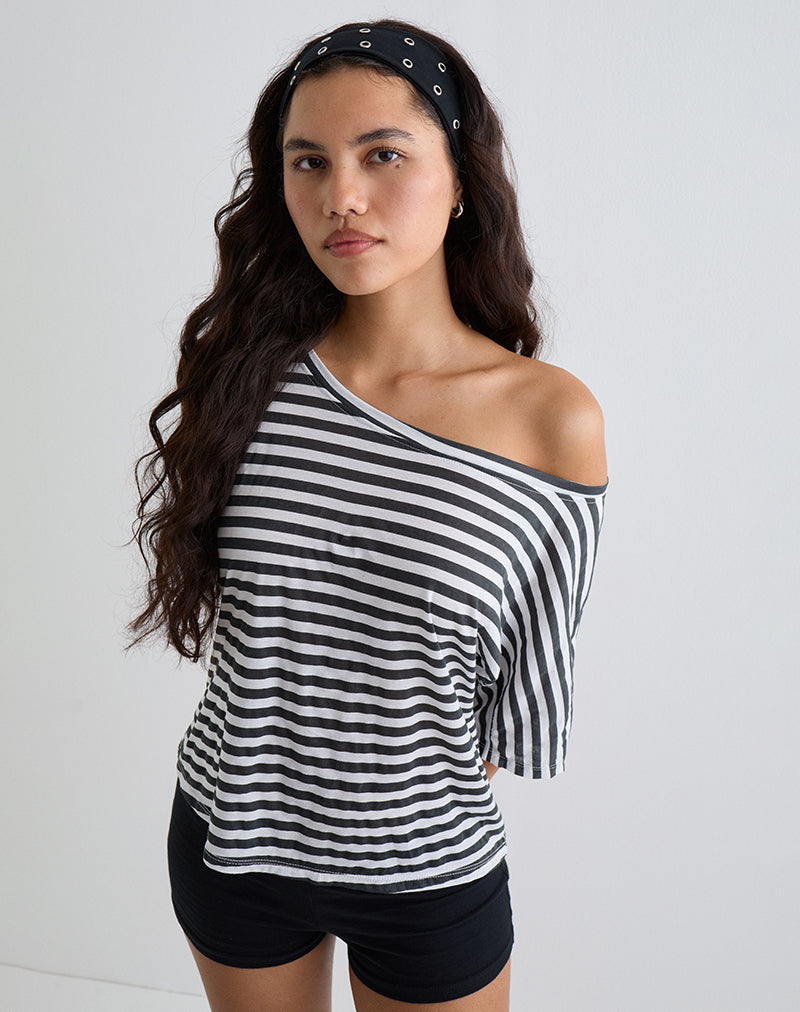 Daman Off Shoulder Basic Top in Ivory with Charcoal Stripe