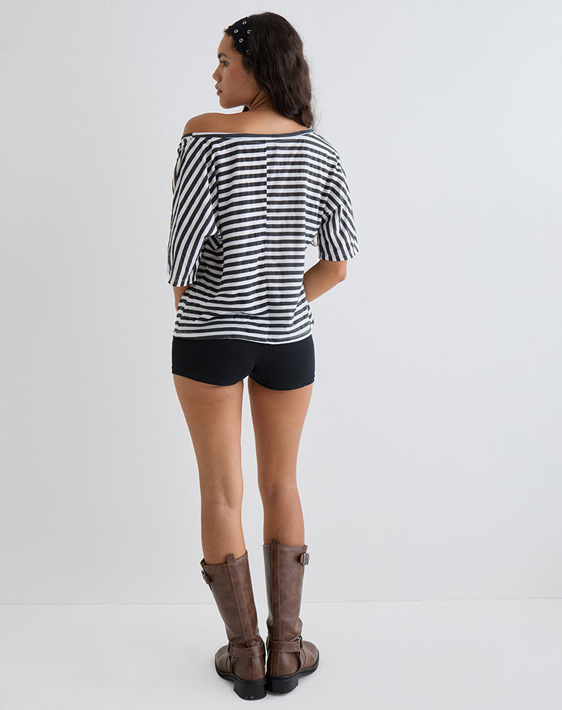 Daman Off Shoulder Basic Top in Ivory with Charcoal Stripe