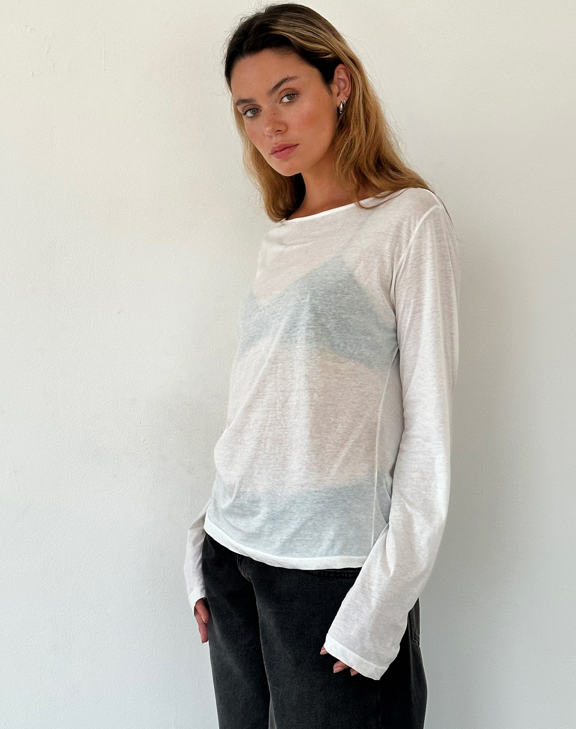 Damon Baggy Long Sleeve Top in White Tissue Jersey