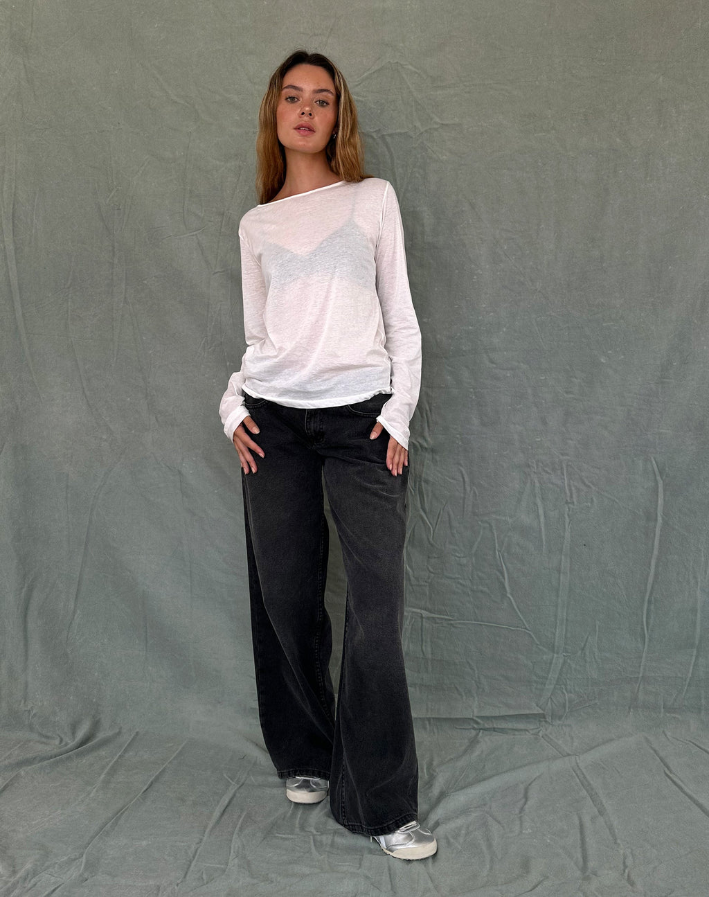 Damon Baggy Long Sleeve Top in White Tissue Jersey