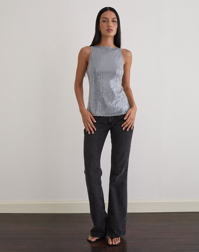 Damske Vest Top in Clear Tinted Sequin Grey