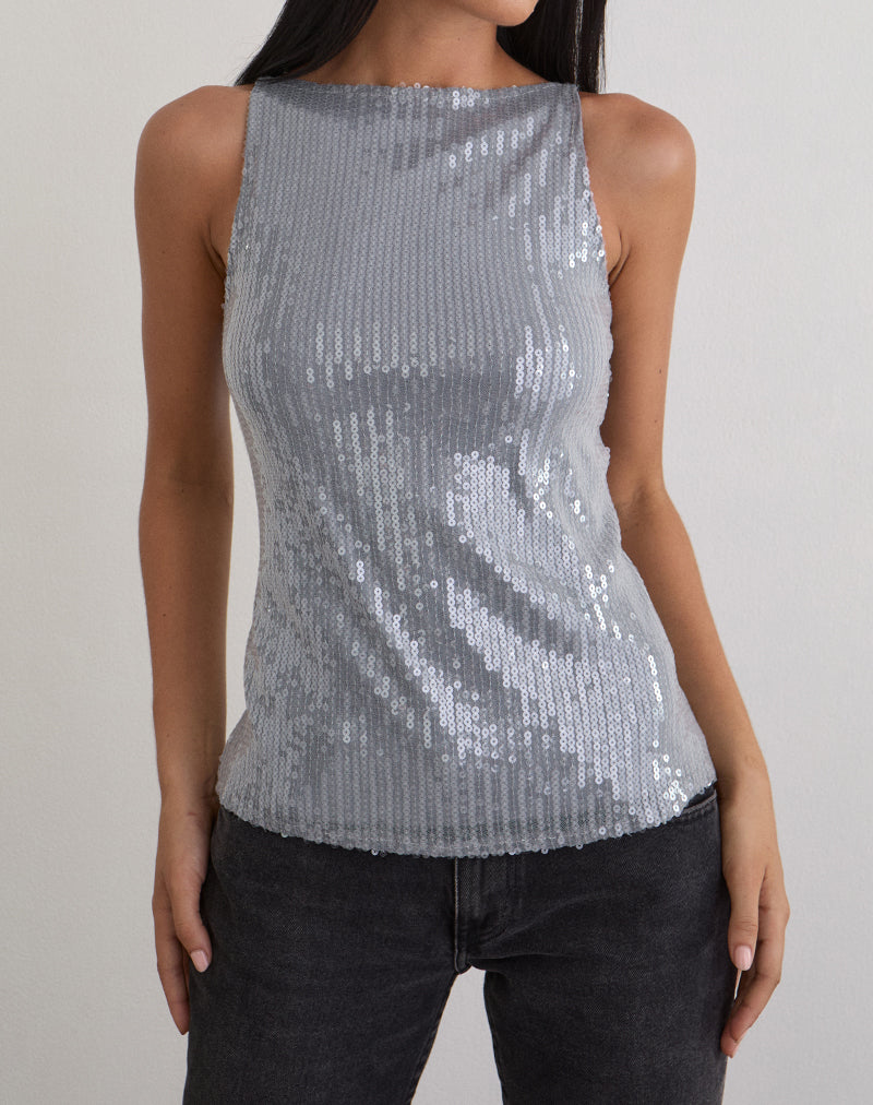 Damske Vest Top in Clear Tinted Sequin Grey