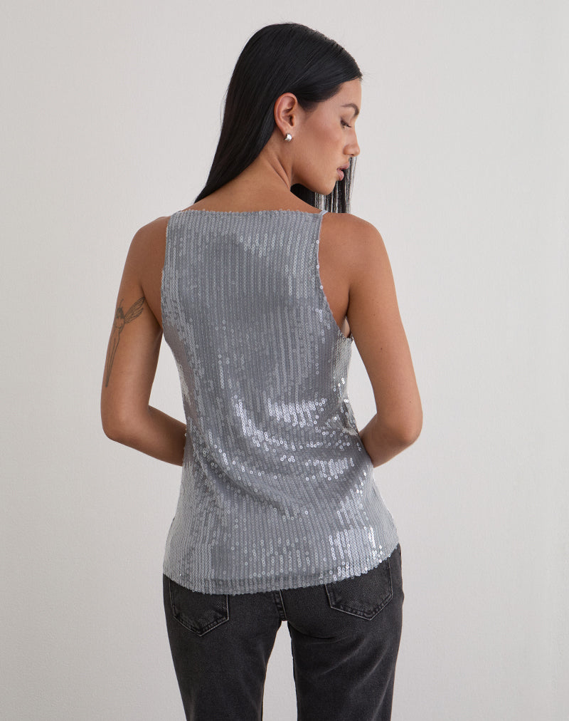 Damske Vest Top in Clear Tinted Sequin Grey