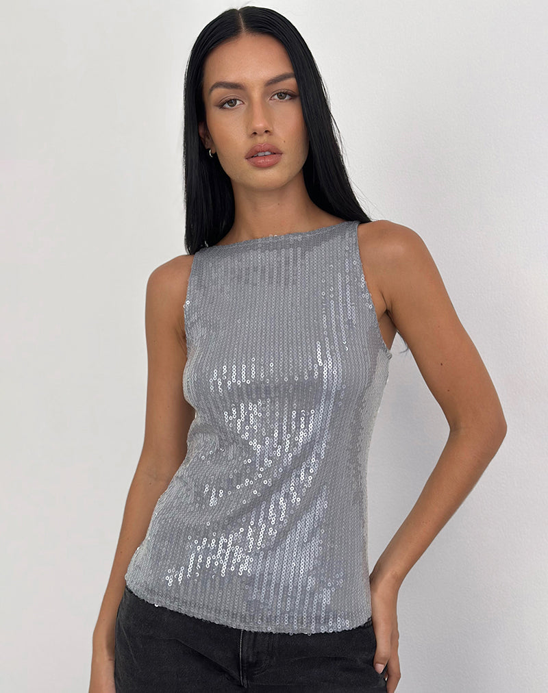 Damske Vest Top in Clear Tinted Sequin Grey