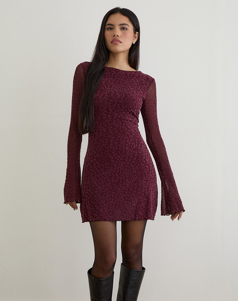 Dasa Long Sleeve Mini Dress in Flock Mini Leopard Plum