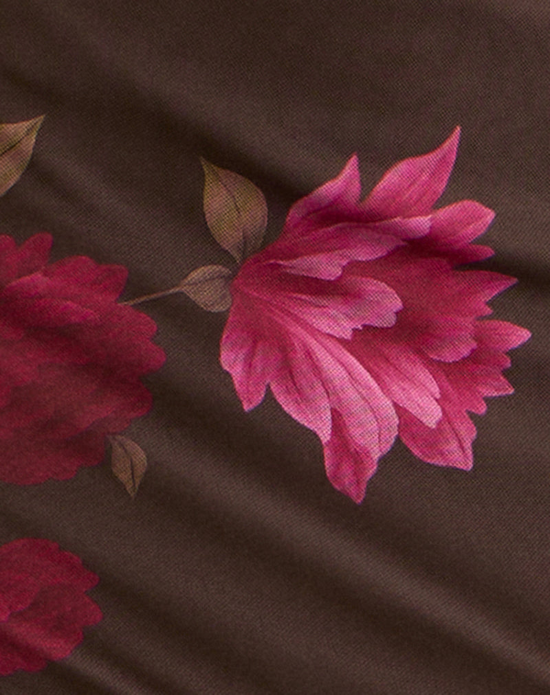 Davia Mini Skirt in Brown with Pink Flower Print