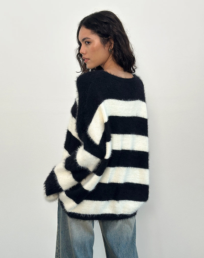 Daya Fluffy Jumper in Ivory and Black Stripe