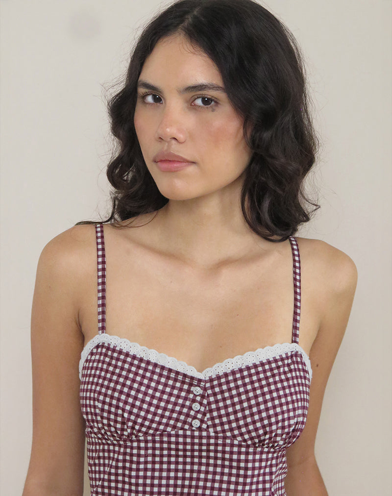 Delphine Mini Cami Dress in Mini Gingham Wine with White Lace
