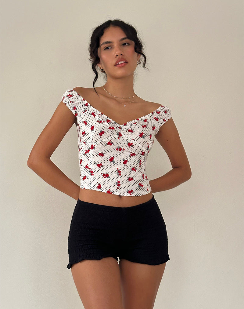 Derige Bardot Top in White Rose Polka
