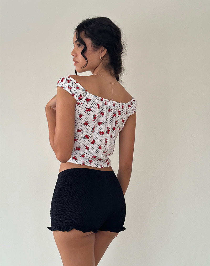 Derige Bardot Top in White Rose Polka