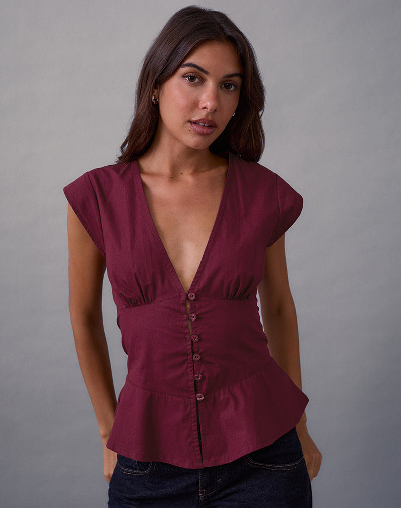 Devlin V Neck Blouse in Poplin Burgundy