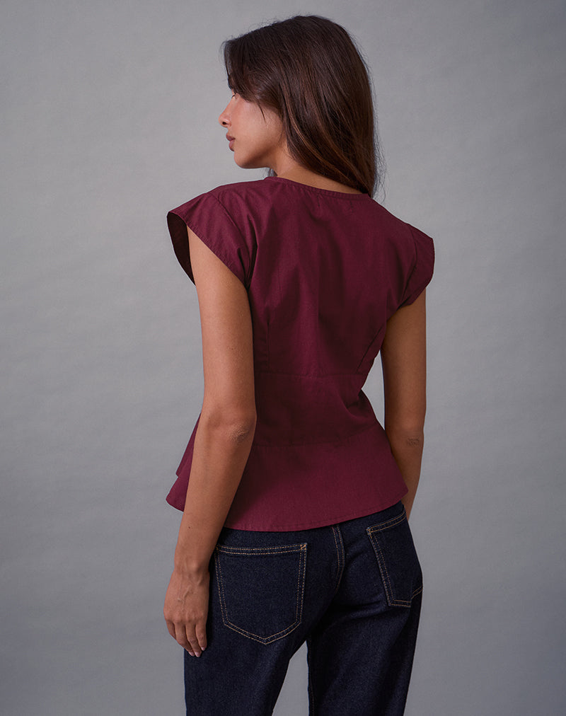 Devlin V Neck Blouse in Poplin Burgundy