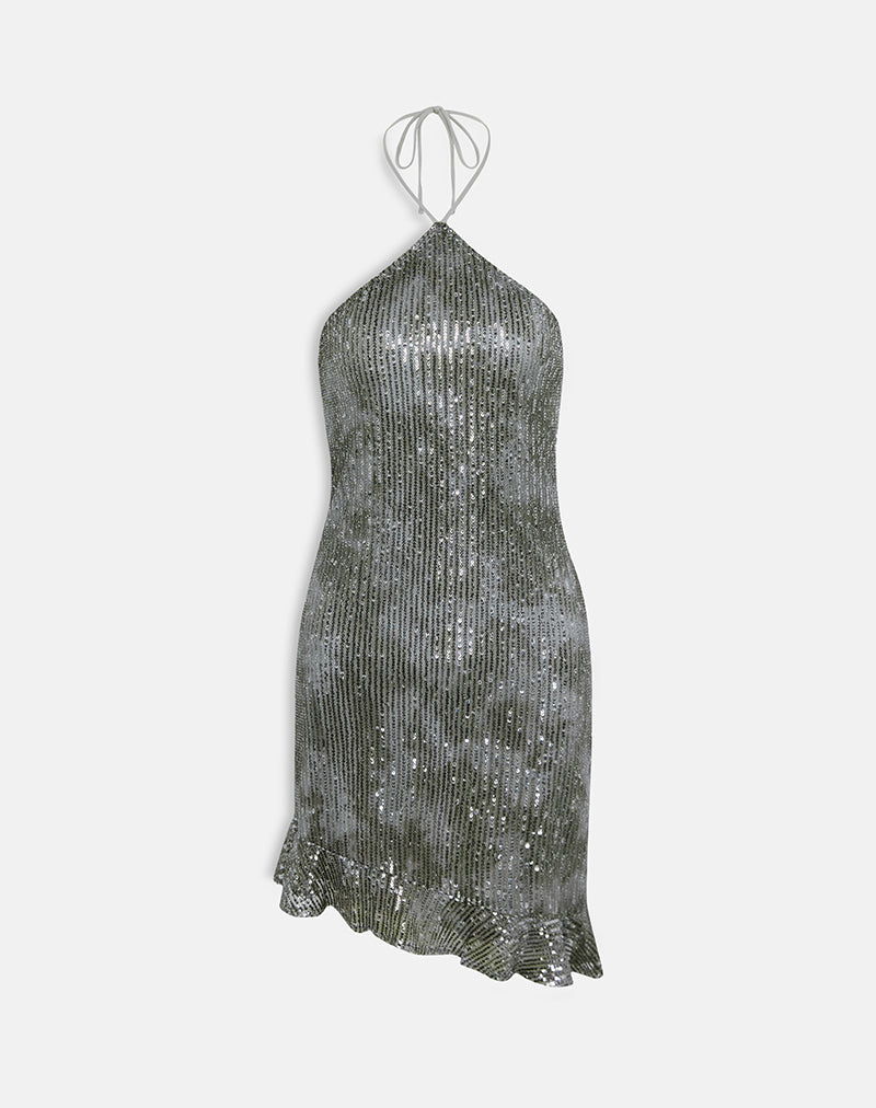Dikta Asymmetric Mini Dress in Sequin Green Grey