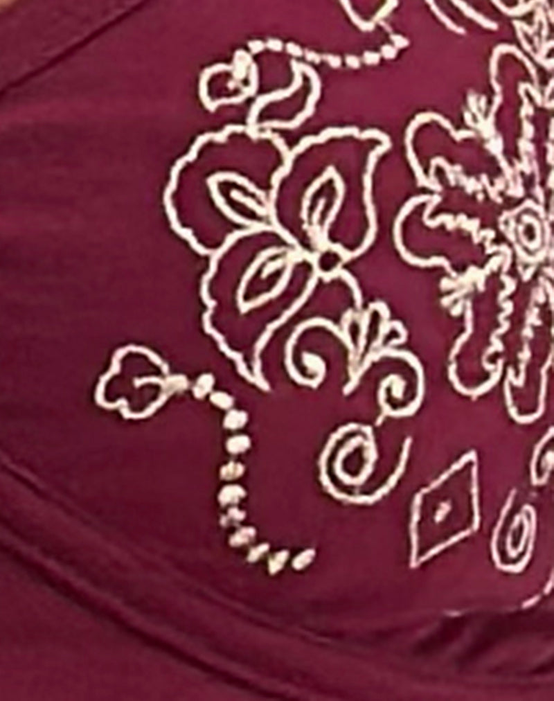 Dimaya Mini Dress in Burgundy with Floral Embroidery