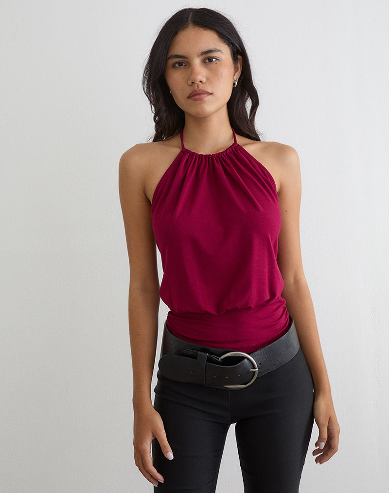 Diraka High Neck Top in Rayon Jersey Burgundy
