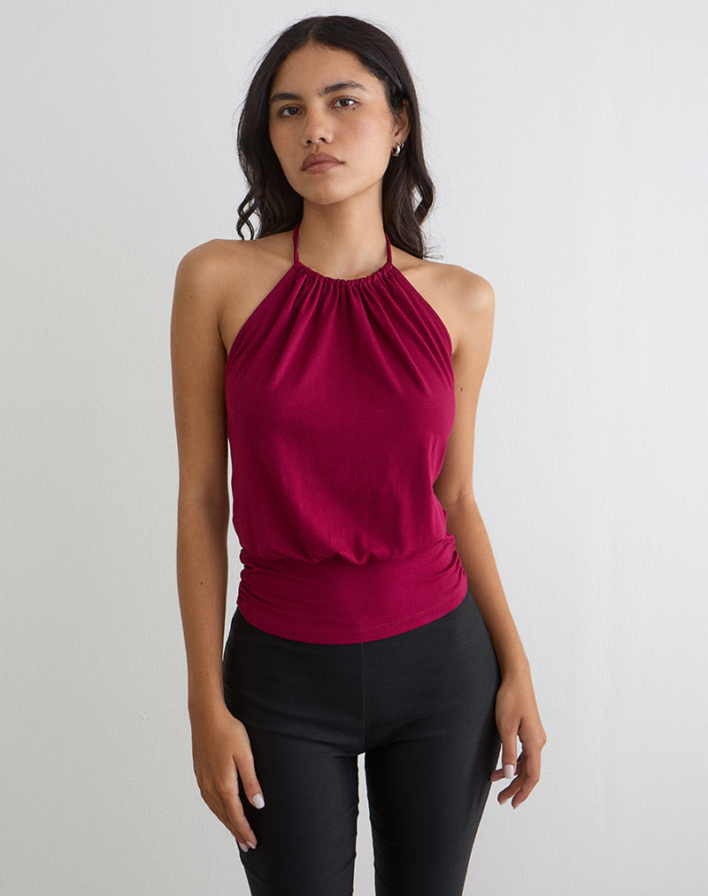 Diraka High Neck Top in Rayon Jersey Burgundy