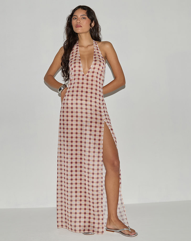 Driti Maxi Dress in Chiffon Blurred Check Peach