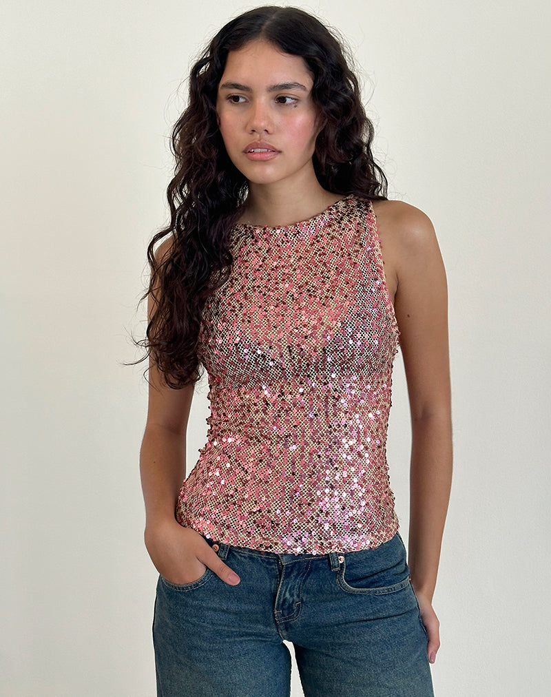 Dudley Vest Top in Sequin Mesh Rose Gold