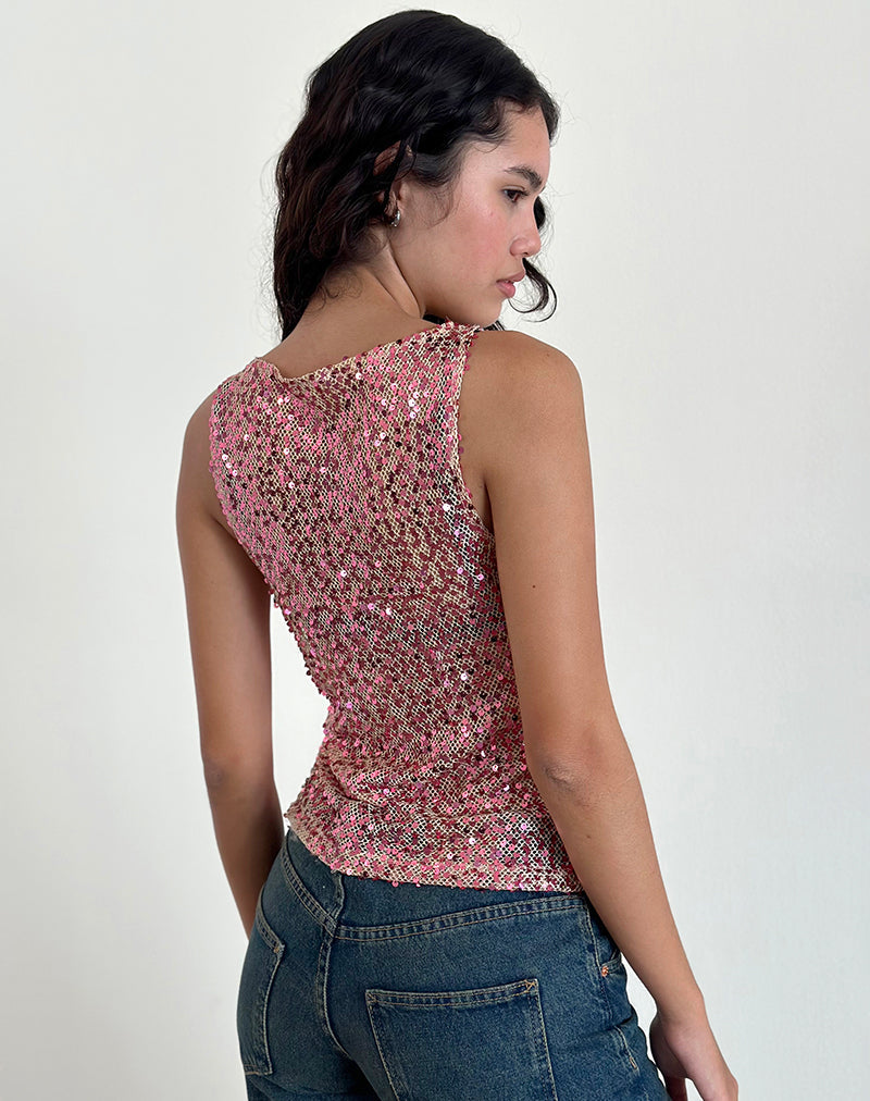 Dudley Vest Top in Sequin Mesh Rose Gold