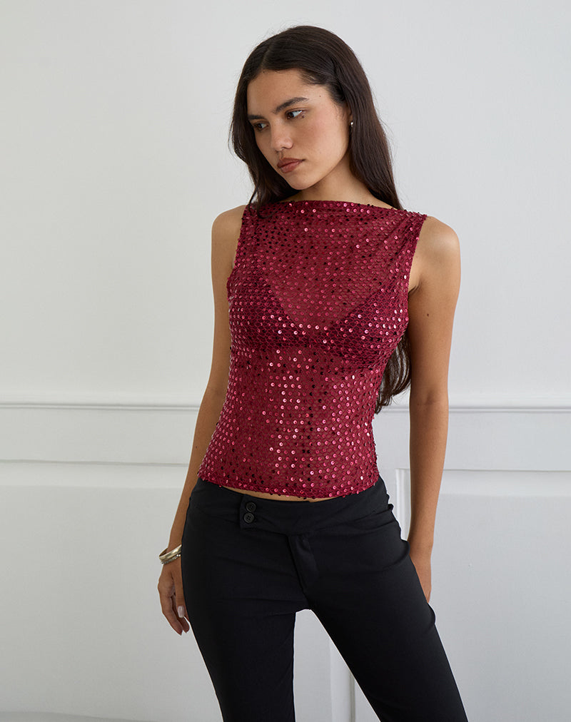 Dudley Vest Top in Sequin Knit Burgundy