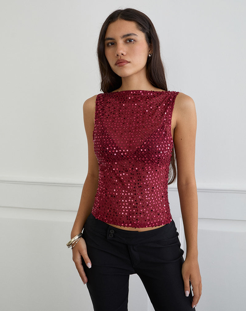 Dudley Vest Top in Sequin Knit Burgundy