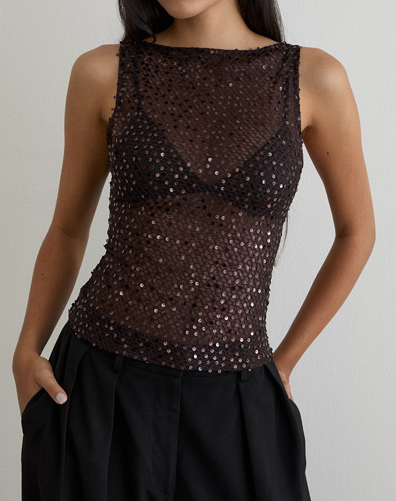 Dudley Vest Top in Sequin Knit Coffee