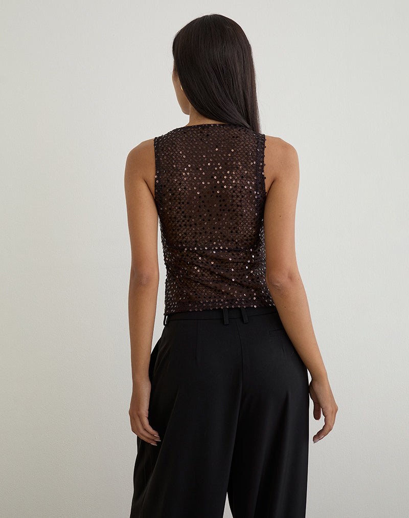 Dudley Vest Top in Sequin Knit Coffee
