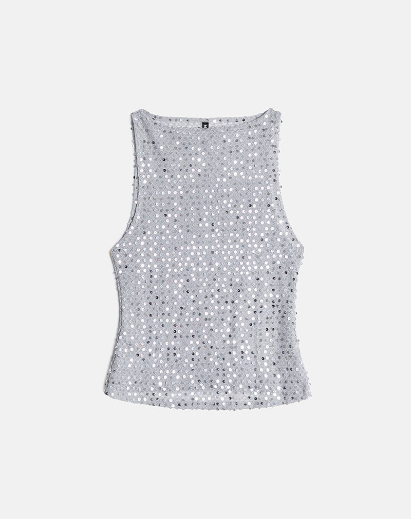 Dudley Vest Top in Sequin Knit Dark Silver