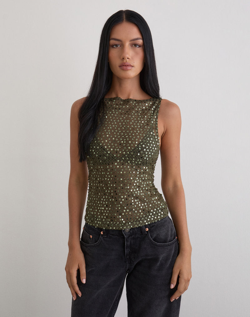 Dudley Vest Top in Sequin Knit Olive