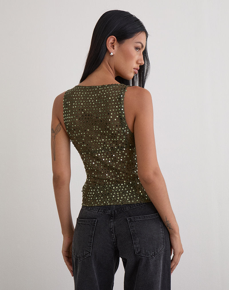 Dudley Vest Top in Sequin Knit Olive