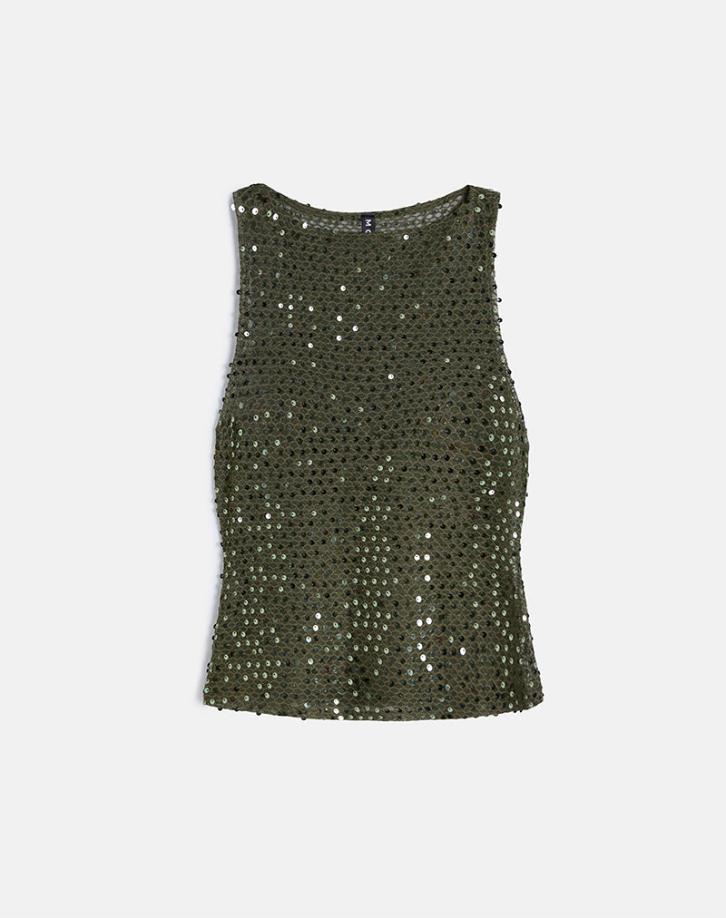 Dudley Vest Top in Sequin Knit Olive
