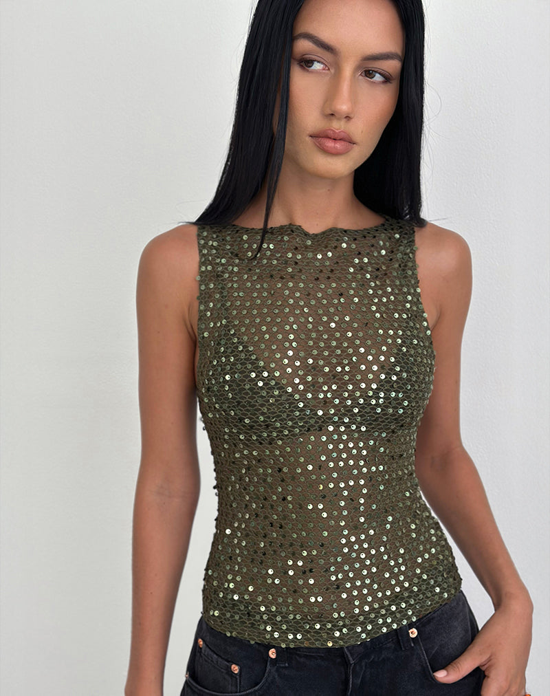 Dudley Vest Top in Sequin Knit Olive