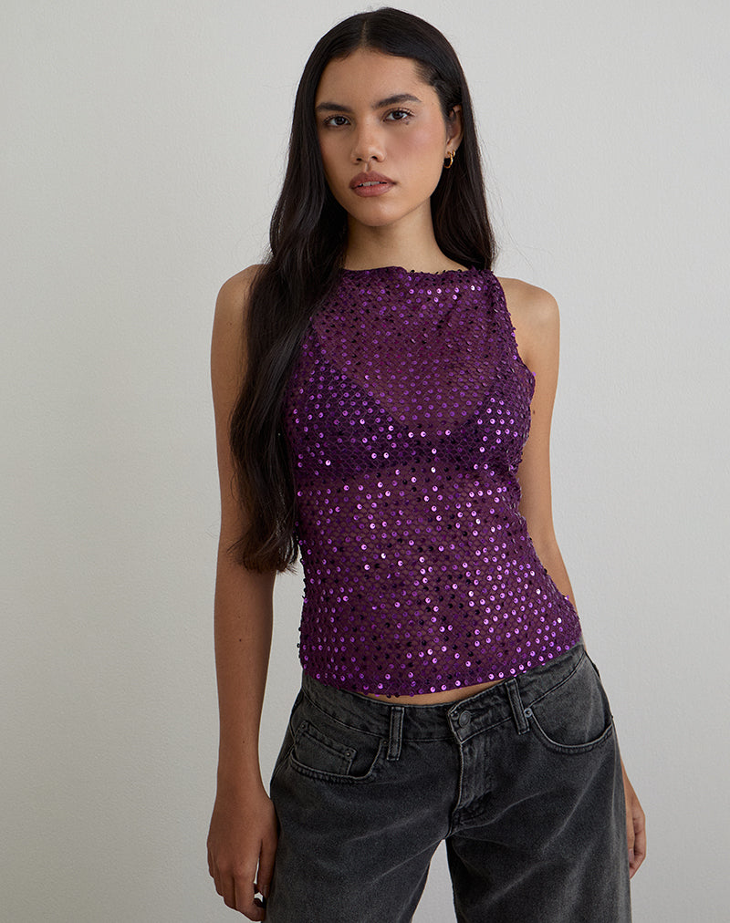 Dudley Vest Top in Sequin Knit Plum Wine